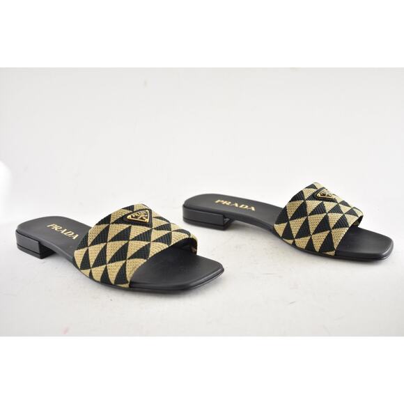 Prada Jacquard Triangle Logo Black Beige Tan Leather Slide Sandal Flat Mule 37.5 - Picture 4 of 16